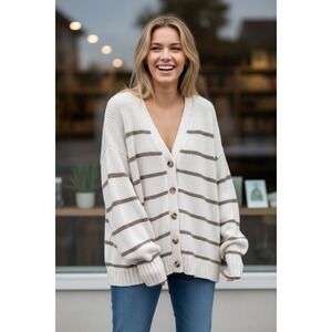 Jenni Kayne Chloe Cardigan S Small White Gray Striped Cotton Knit Quiet Luxury
